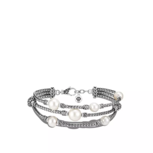 Classic Chain Silver Triple Row Bracelet with Lobster Clasp with 7-10mm Fresh Water Pearl, Size UM