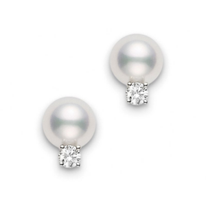 Mikimoto Pearl Studs with Diamonds A+ D0.06 Carat 18 Karat Yellow Gold