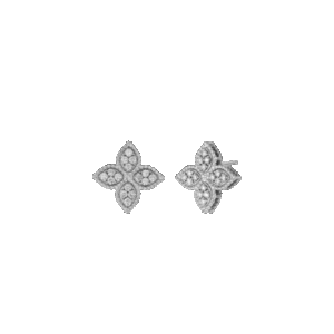 18K WHITE GOLD PRINCESS FLOWER MEDIUM DIAMOND STUD EARRINGS
