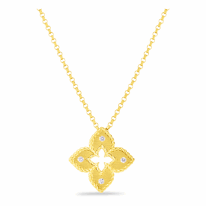 18K YELLOW GOLD PETITE VENETIAN PRINCESS DIAMOND & SATIN FINISH SMALL FLOWER NECKLACE
