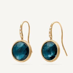 18K Yellow Gold London Blue Topaz Earrings with Diamonds, 0.85"