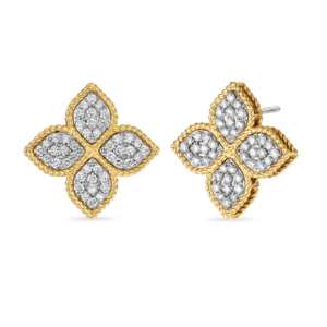18K Yellow Gold Princess Flower Diamond Stud Earrings