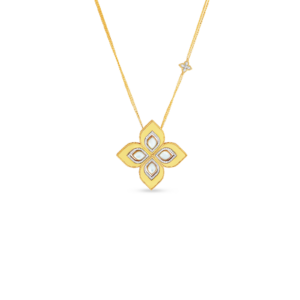 18K Yellow Gold Venetian Princess Diamond And Mother Of Pearl Large Polished Flower Necklace