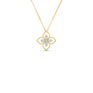 18K Yellow Gold Princess Flower Classic Open Frame Diamond Necklace