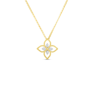 18K Yellow Gold Princess Flower Classic Open Frame Diamond Necklace