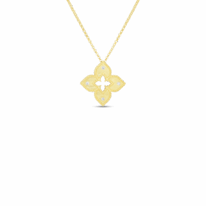 18K Yellow Gold Petite Venetian Princess Diamond And Satin Finish Flower Necklace