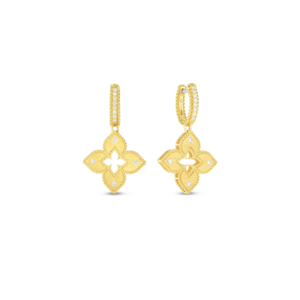 18K Yellow Gold Petite Venetian Princess Diamond And Satin Finish Flower Drop Earrings