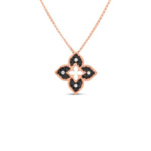 18K Rose Gold Petite Venetian Black And White Diamond Flower Necklace