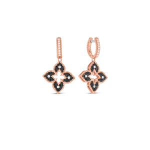 18K Rose Gold Petite Venetian Princess Black And White Diamond Flower Drop Earrings