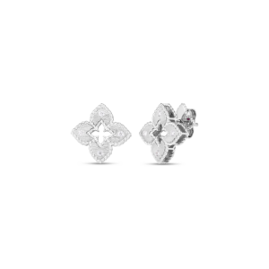 18K White Gold Petite Venetian Princess Diamond And Satin Finish Flower Stud Earrings