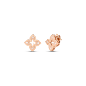 18K Rose Gold Petite Venetian Princess Diamond And Satin Finish Flower Stud Earrings