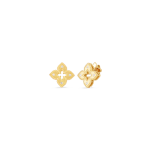 18K Yellow Gold Petite Venetian Princess Diamond And Satin Finish Flower Stud Earrings