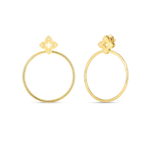 18K Yellow Gold Petite Venetian Princess Diamond And Satin Finish Flower Small Hoop Earrings