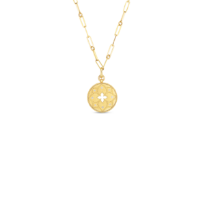 18K Yellow Gold Venetian Princess Diamond And Satin Flower Cut Out Medallion Necklace