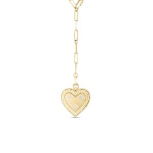 18K Yellow Gold Venetian Princess Large Diamond Heart Medallion Paperclip Necklace