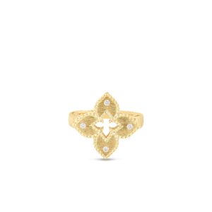 18K Yellow Gold Petite Venetian Princess Diamond And Satin Finish Small Flower Ring