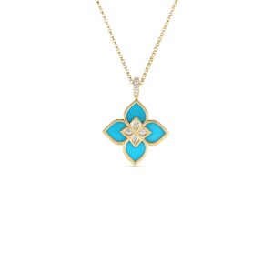 18K Yellow Gold Venetian Princess Diamond And Turquoise Small Flower Necklace