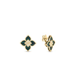 18K Yellow Gold Venetian Princess Diamond And Malachite Small Flower Stud Earrings