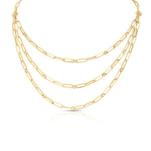 18K Yellow Gold Designer Gold Triple Strand Paperclip Chain And Diamond Accent Chain Necklace
