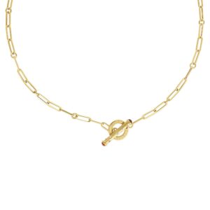 18K Yellow Gold Designer Gold Scattered Diamond And Pink Tourmaline Toggle Closure Paperclip Chain Necklace