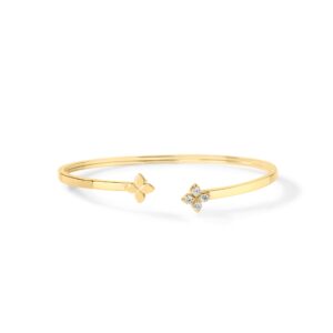 18K Yellow Gold Love In Verona Diamond And Polished Flower Cuff Bangle