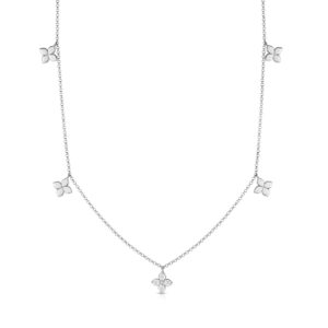18K White Gold Love In Verona Diamond And Polished Small Flower Station Necklace