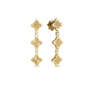 18K Yellow Gold Arabesque Alternating Diamond And Triple Flower Dangle Earrings