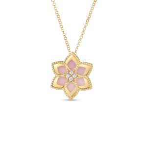 18K Yellow Gold Vernazza Diamond And Pink Opal Flower Necklace