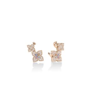 18K Rose Gold Venetian Princess Carnival Pavé Diamond And Mixed Stones Double Flower Climber Earrings