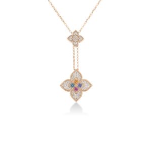 18K Rose Gold Venetian Princess Carnival Pavé Diamond And Mixed Stones Double Flower Lariat Necklace