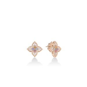 18K Rose Gold Venetian Princess Carnival Pavé Diamond And Mixed Stones Flower Stud Earrings