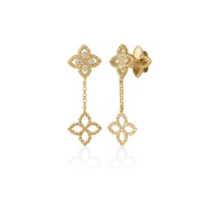 18K Yellow Gold Princess Flower Tiny Diamond Flower Dangle Earrings