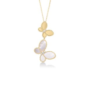 18K Yellow Gold Jasmine Diamond And Mother Of Pearl Double Butterfly Necklace