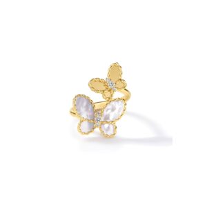 18K Yellow Gold Jasmine Diamond And Mother Of Pearl Double Butterfly Ring