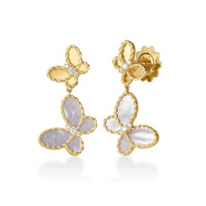 18K Yellow Gold Jasmine Diamond And Mother Of Pearl Double Butterfly Dangle Earrings
