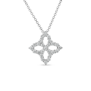 18K White Gold Diamond Princess Outline Flower Necklace