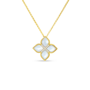 18K Yellow Gold Venetian Princess Diamond And Mother Of Pearl Flower Necklace