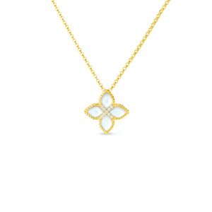 18K Yellow Gold Venetian Princess Diamond And Mother Of Pearl Flower Necklace