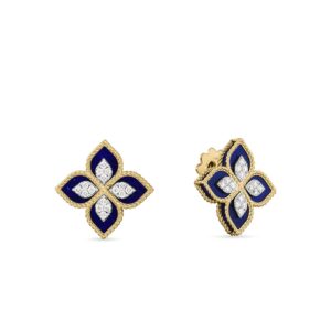 18K Yellow Gold Venetian Princess Diamond And Lapis Flower Stud Earrings