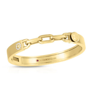 18K Yellow Gold Navarra Diamond Accent And Three Link Chain Bangle