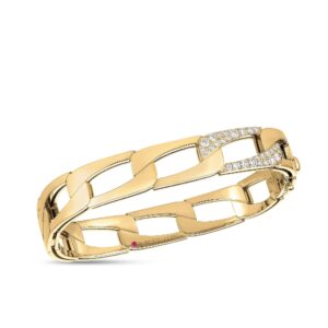 18K Yellow Gold Navarra Wide Link And Diamond Accent Square Bangle