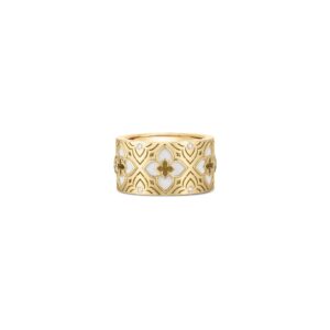 18K Yellow Gold Venetian Princess Etched Frame Diamond And Enamel Flower Ring