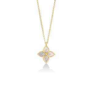 18K Yellow Gold Venetian Princess Diamond And Mother Of Pearl Flower Necklace