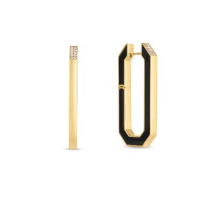 18K Yellow Gold Designer Gold Black Ceramic And Diamond Accent Hoop Earrings