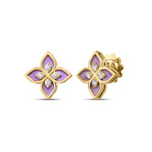 18K Yellow Gold Venetian Princess Diamond And Enamel Flower Stud Earrings