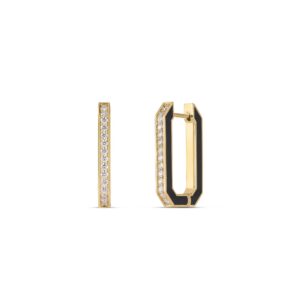 18K Yellow Gold Designer Gold Black Ceramic And Diamond Hoop Earrings