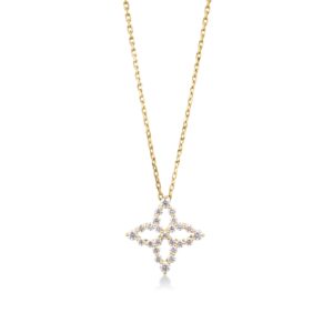18K Yellow Gold Diamond Princess Outline Tapered Flower Necklace