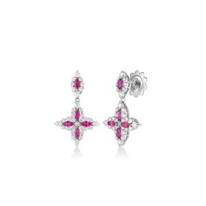 18K Ruby Diamond Princess Tapered Flower Drop Earrings