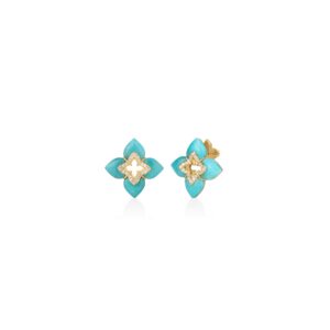 18K Amazonite Venetian Princess Cabochon Small Flower Stud Earrings