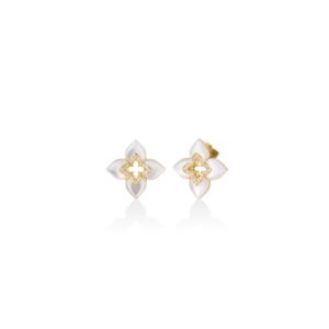18K Mother of Pearl Venetian Princess Cabochon Small Flower Stud Earrings